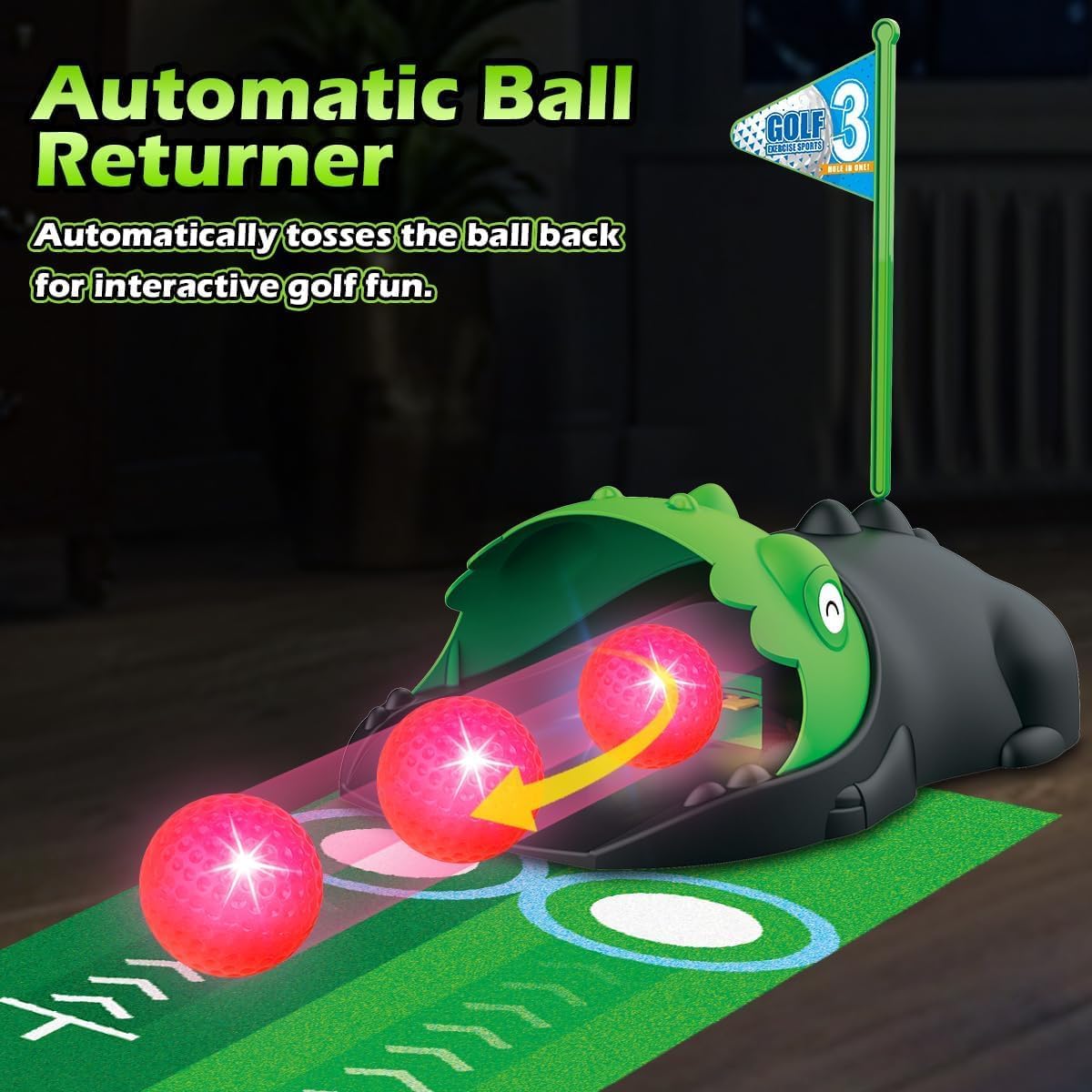 Upgraded Kids Toy Golf Set with Dinosaur Automatic Golf Returner, Led Light Up Night Golf Balls, 3 Clubs, Putting Mat, 3-8 Toddler Mini Golf Games, Indoor Outdoor Sports Toys for Boys Girls