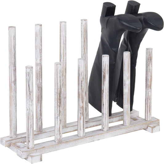 MyGift Shabby Whitewashed Wood Boot Rack Organizer Tall Boots Inverter Holder - Holds up to 6 Pairs