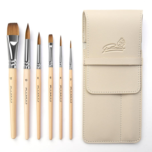 Sable Travel Watercolor Brushes, Fuumuui 6pcs Kolinsky Sable Watercolor Travel Brushes with Short Handles - Detail Liner Pointed Round Flat Wash Mop for Watercolor Gouache Ink Painting