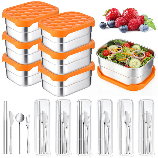 Ferrochef 36 Pcs Stainless Steel Containers with Silicone Lids 14 oz Reusable Food Snack Containers Easy Open Lunch Box Include Chopsticks Knife Fork Spoon with Case for Travel Meal Prep Food Storage