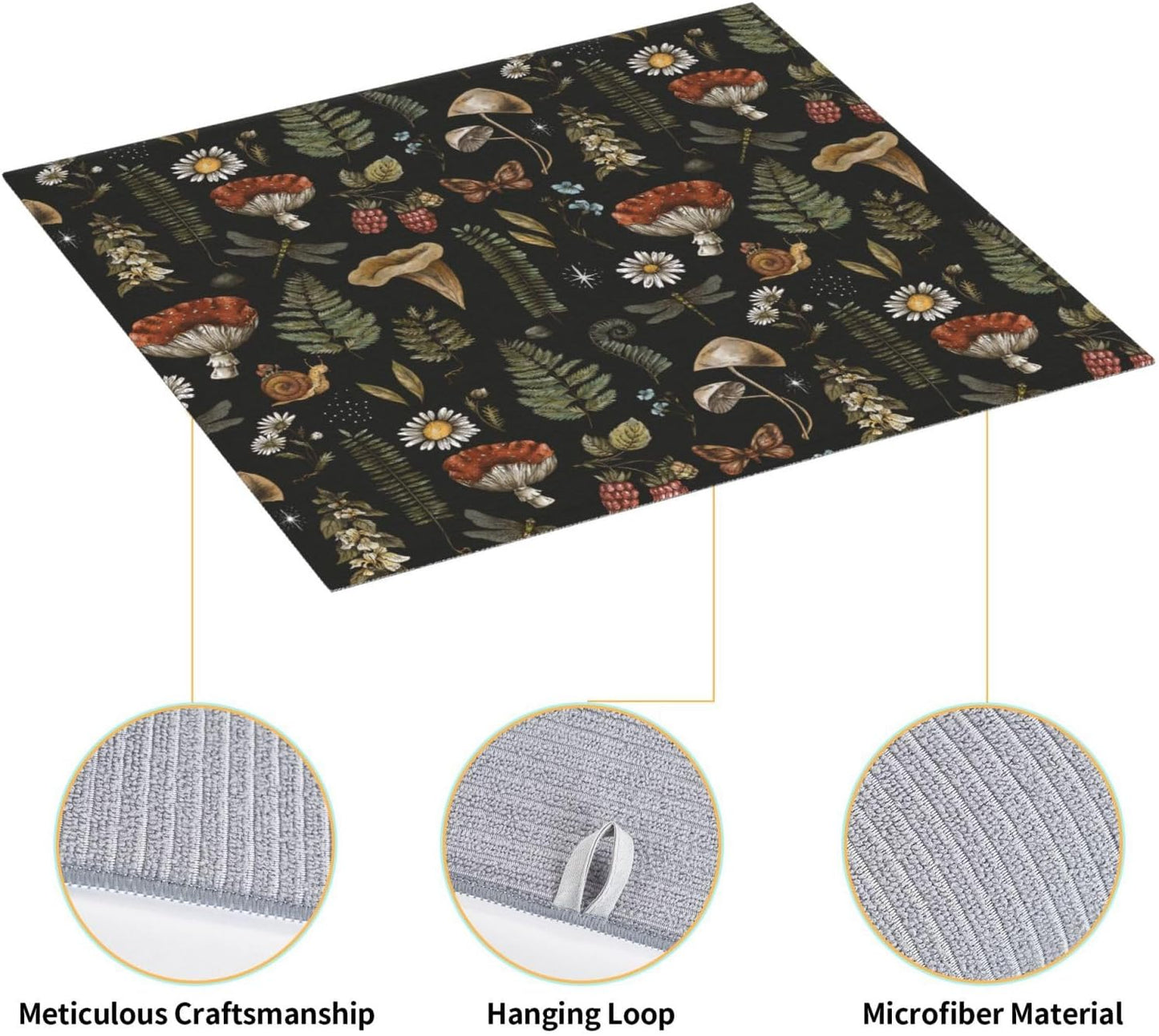 Dish Drying Mat Vintage Mushroom Leaf Forest for Kitchen Counter Absorbent Dishes Drainer Microfiber Small 16x18 Inch