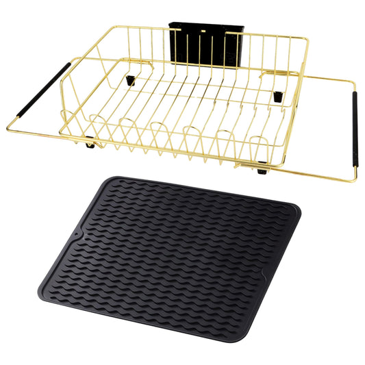 HAYAWEY Golden Expandable Dish Drying Rack with Silicone Drying Mat-Extra Large Stainless Steel Dish Drainer Over The Sink with Utensil Holder, Applicable for Sink Width 16'-22' (Gold,23.2'*12.2')