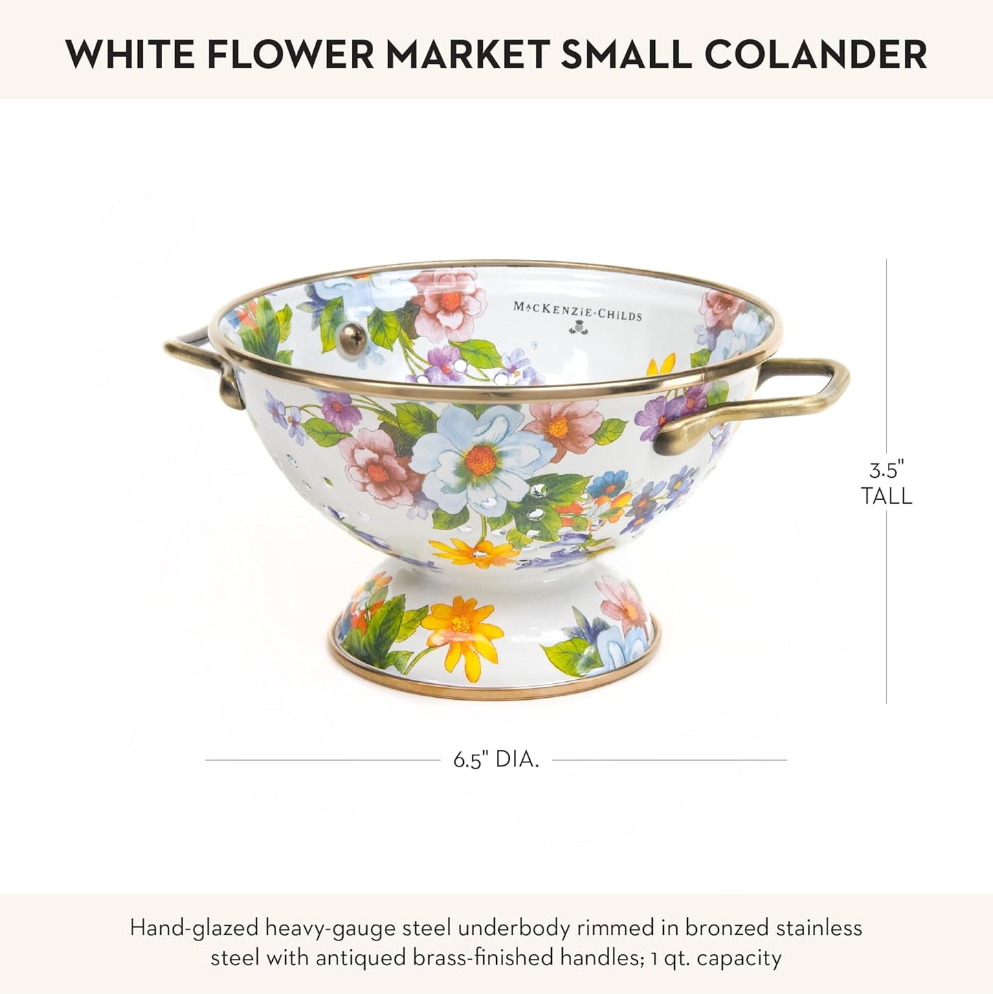 MACKENZIE-CHILDS Enamel Colander, Decorative Kitchen Strainer, Small, White Flower Market