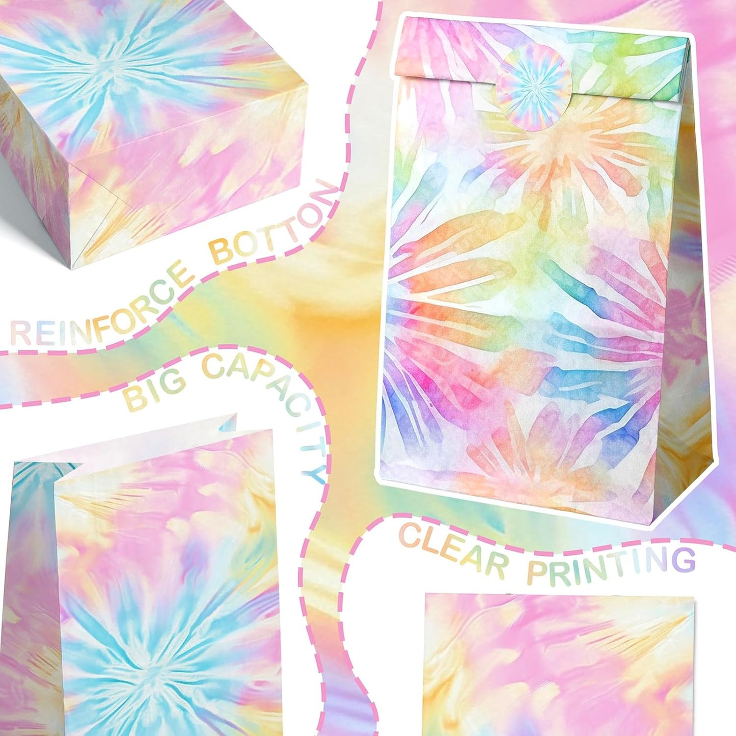 Tie Dye Party Favor Bags – 24 Pcs Pastel Gift Bags with 4 Designs, Paper Goodie for Birthday Party, Hippie Theme Decorations and Supplies