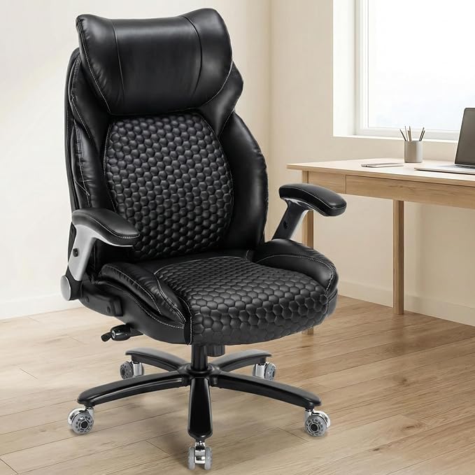 Big and Tall Office Chair,500lbs Capacity Ergonomic Desk Chair for Heavy People,PU Leather Swivel Rolling Computer Chair with Padded Flip-up Arms,High Back Executive Office Chair,Black