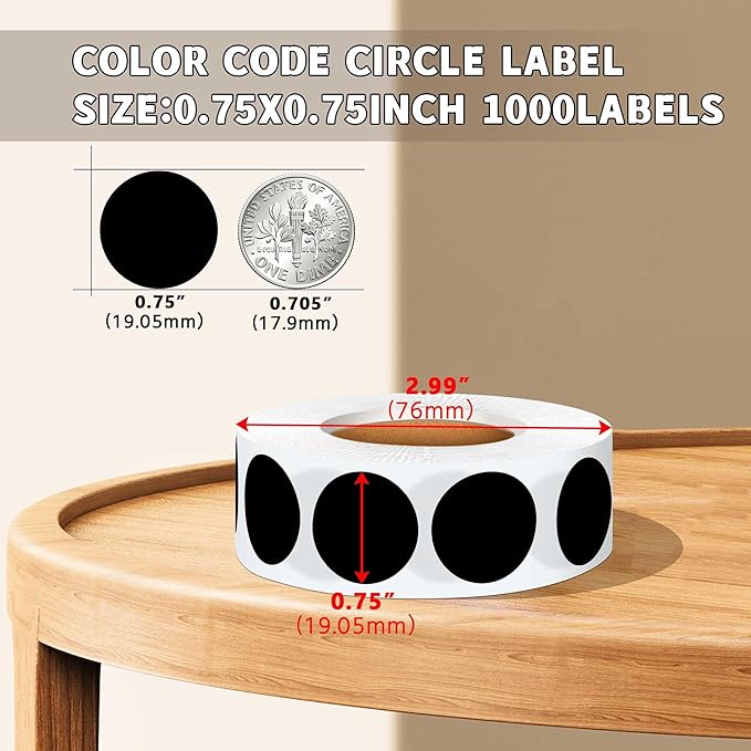 0.75 Inch Multi - Purpose Removable Labels,1000 PCS 3/4" Black Sticker for Classroom, Papers, Market, Price Tags, and Library Book Labels. Non - Printable Round Colored Stickers