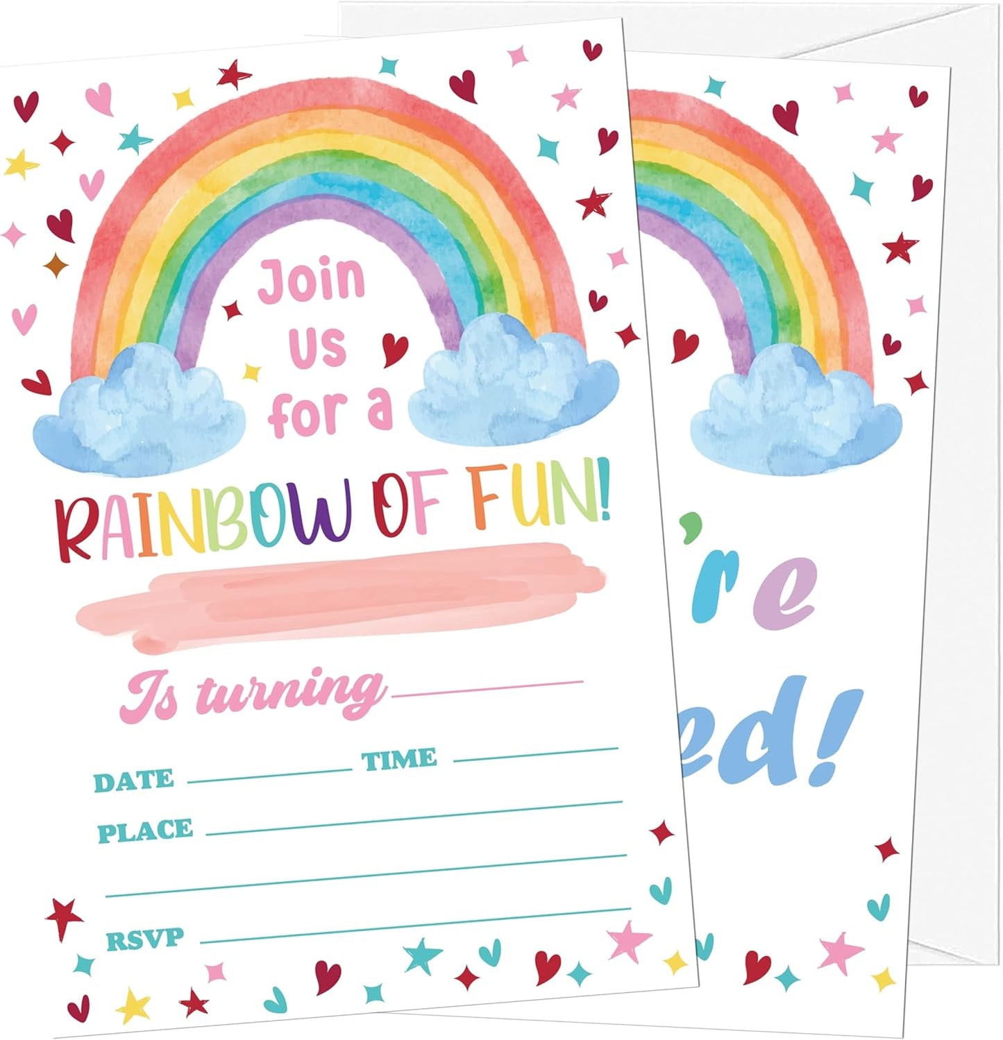 Rainbow Birthday Invitations, 20 Invitation Cards with Envelopes, Colorful Clouds Invites for Girl Party Decorations Favor Supplies - A10