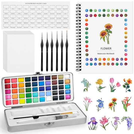 MicoSim Watercolor Workbook for Beginners, 50 Colors Water Color Paint Set with Palette & Brushes, Adult Coloring Book with 12 Beautiful Flower Patterns of Original DIY Designs