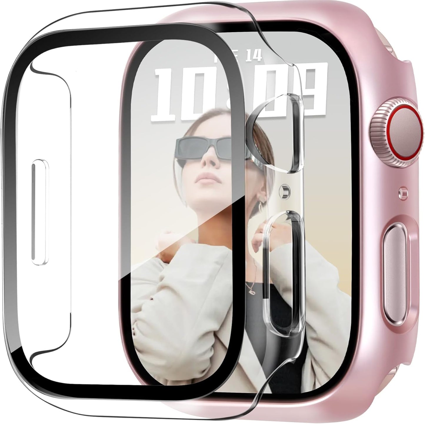 JR.DM 41mm 2 Pack Hard PC Case with HD Tempered Glass Screen Protector for Apple Watch Series 9/8/7, Slim Guard Bumper Full Coverage Protective Anti-Scratch Face Cover for iWatch, Pink/Clear