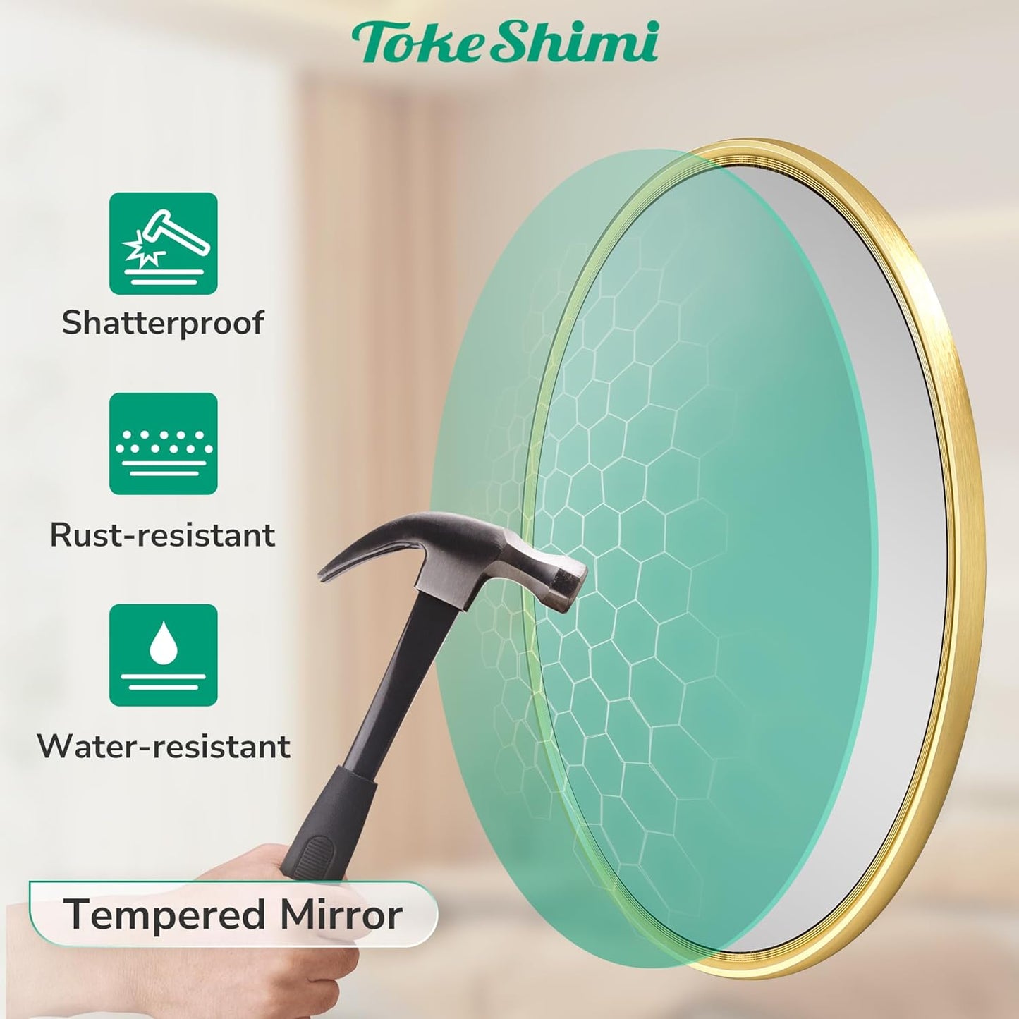 TokeShimi 30 in Round Framed Brushed Gold Mirror Bathroom Tempered, Shatterproof Mirror Circle 30x30 Farmhouse Aluminum Large Wall Mirrored for Vanity, Entryway, Bedroom, Restroom, Living Room