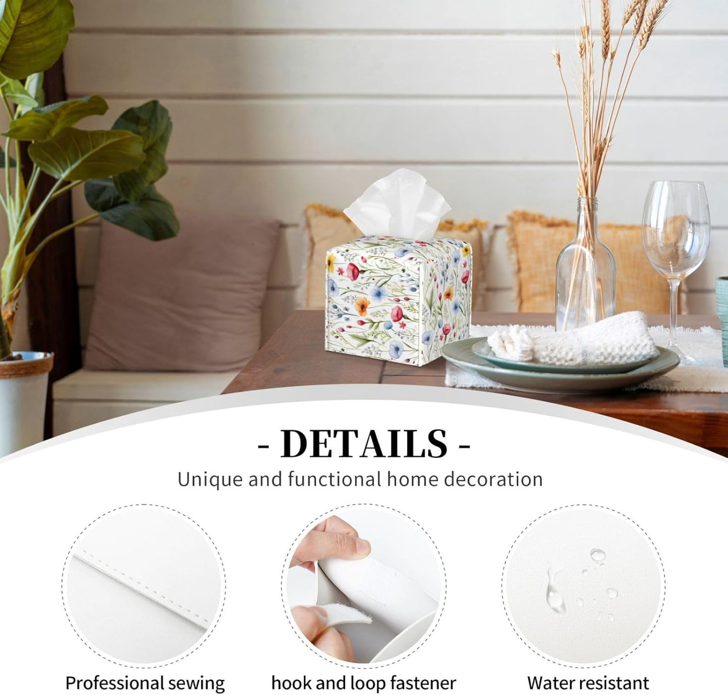 Tissue Box Cover Colorful Wildflower Floral Square PU Leather Tissue Box Holder for Car Bathroom Bedroom Desk Tabletop Decor