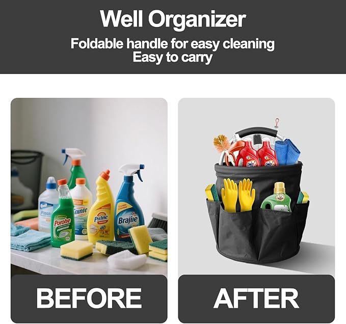 Bucket 17L Cleaning Organizer with Handle with 6 Pockets Foldable Storage Blue Portable Cleaning Bucket Bag Shower Box Home Garden Multifunctional Camping Storage Basket (Black)