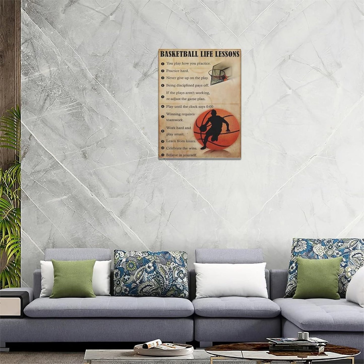 Basketball Life Lessons Wall Art - Canvas Wall Decor Gifts for Basketball Player Boy Man Motivational Sports Painting Print Artwork Framed for Classroom Boy Room Gym 12x16