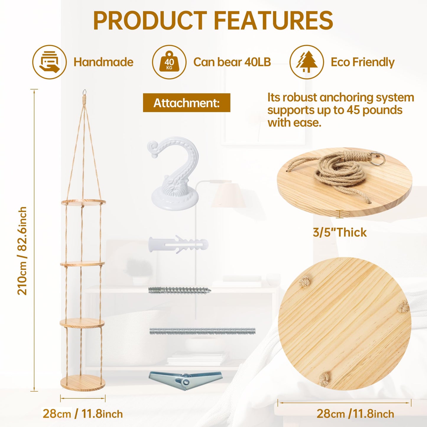 Hemp Rope Hanging Plant Shelf from Ceiling for Narrow Space or window Boho Hanging plant Shelves, Natural Pine Wooden Plant Stand Display for Indoor, Outdoor, Corner, Balcony, Living Room and Bedroom