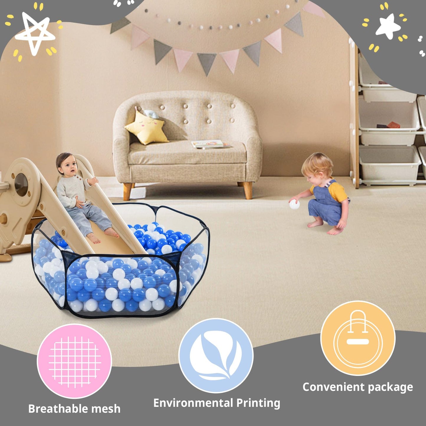 STARBOLO Kids Ball Pit Play Tent, Children Ball Pit Tent Foldable Ball Pits for Toddlers Ball Pool Crawl Fence Indoor Outdoor for Boys Girls,Balls Not Included (Black)