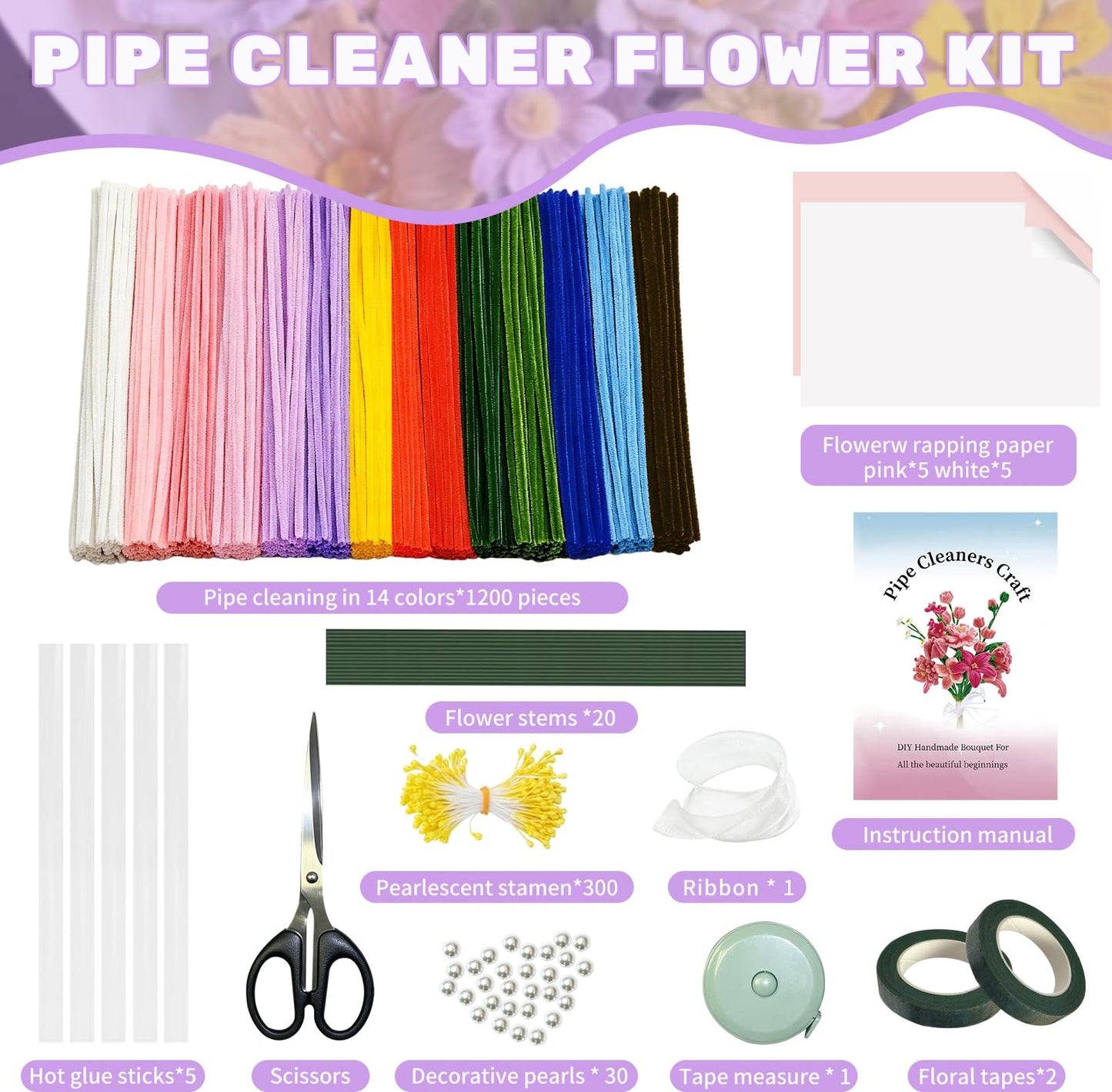 1200PCS Pipe Cleaners Craft, Pipe Cleaner Flower Kit with Instruction, 14 Colors Chenille Stems Flower Making Kit with Stamen, Tape, Floral Wrapping Paper and Ribbon for Arts DIY Craft Supplies ﻿
