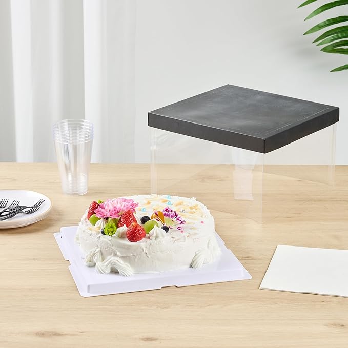 Restaurantware Sweet Vision 10 Inch x 8.25 Inch Transparent Cake Boxes 10 Grease Resistant Base Clear Cake Boxes - Black Lid Black Ribbon Plastic Birthday Cake Boxes For Weddings Or Birthdays