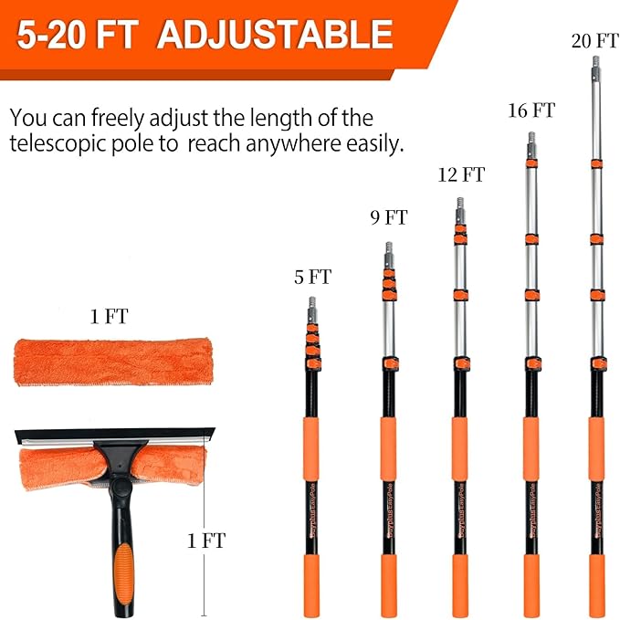 Buyplus 26Ft High Reach Squeegee for Window Cleaning Kit with 5 to 20 Foot Extension Pole, Extendable Window Cleaner Squeegee, Telescopic Window Washing Kit for Indoor/Outdoor High Window