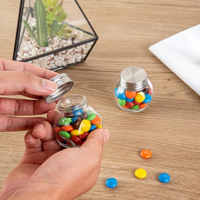 Restaurantware Vetri 2 Ounce Mini Favor Jars, 10 Durable Candy Jars - With Wide Spout, Chrome Lid, Clear Glass Candy Jars, Dishwashable