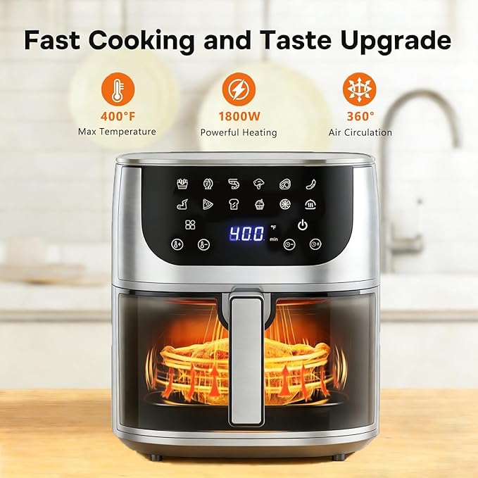 Simple Deluxe 12-in-1 Air Fryer 8.5 Qt, Digital Preset Airfryer, with Nonstick and Dishwasher-Safe Basket, Air Fry, Roast, Bake, Dehydrate, Fries, 1800W, Silver