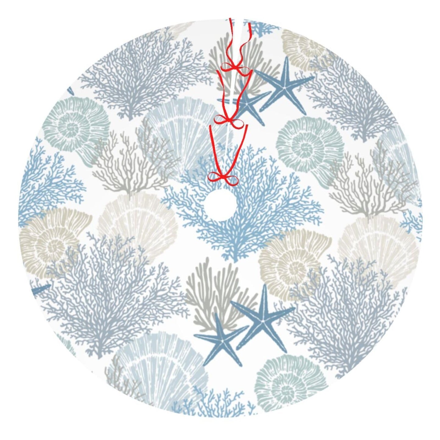 Ocean Sea Shell Starfish Coral Coastal Nautical 36 Inch Christmas Tree Skirt Carpet Mat Funny Party Soft Cover Mat Decor Supplies for Xmas Halloween Decorations Occasion Farmhouse