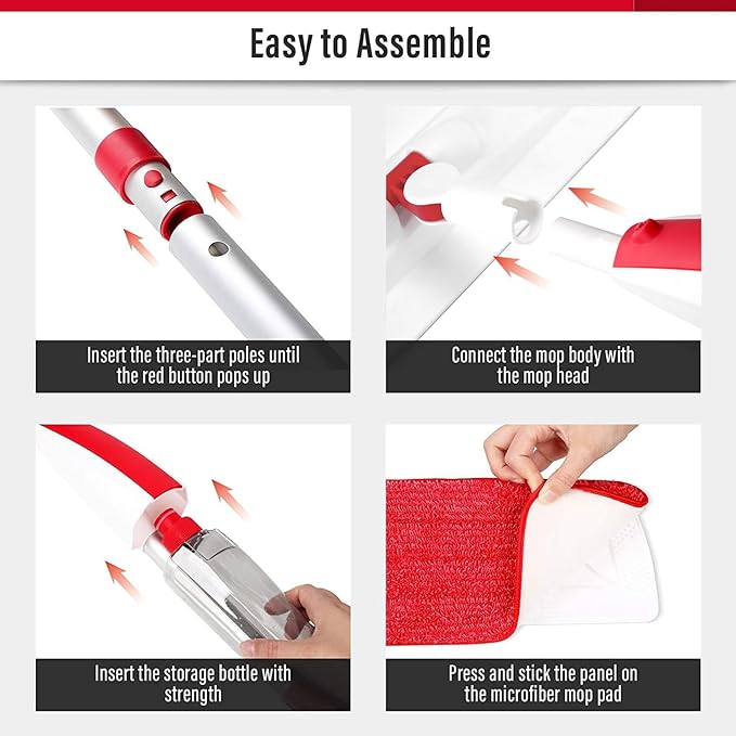 Spray Mops for Floor Cleaning Floor Mop with a Refillable Spray Bottle and 3 Washable Microfiber Pads Home or Commercial Use Dry Wet Flat Mop for Hardwood Laminate Wood (RED)