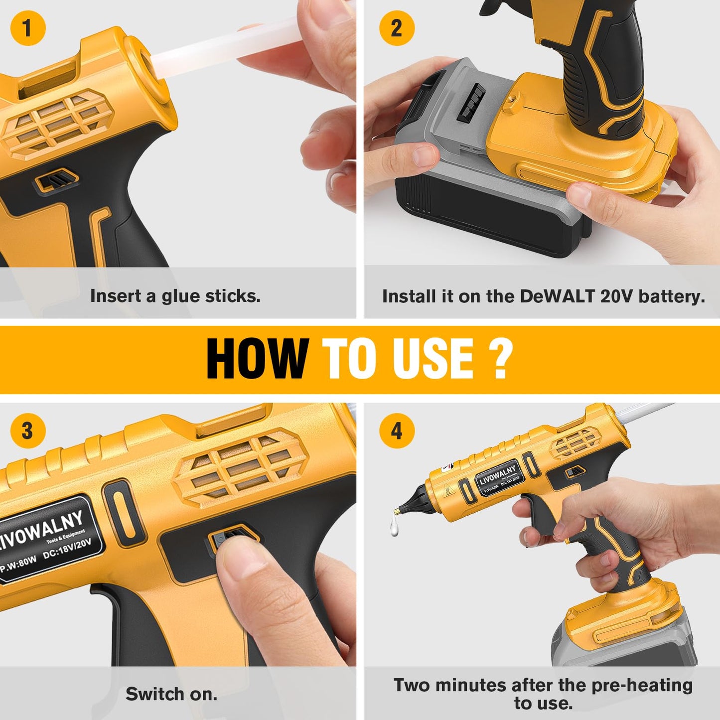 LIVOWALNY Cordless Hot Glue Gun Compatible with Dewalt 20V Battery (Tool Only) 100W Hot Glue Gun And 30 Sticks Set in Crafting Wood PVC Glass Home Repair with 30 Pcs 0.27 * 5.9 inch Hot Glue Sticks