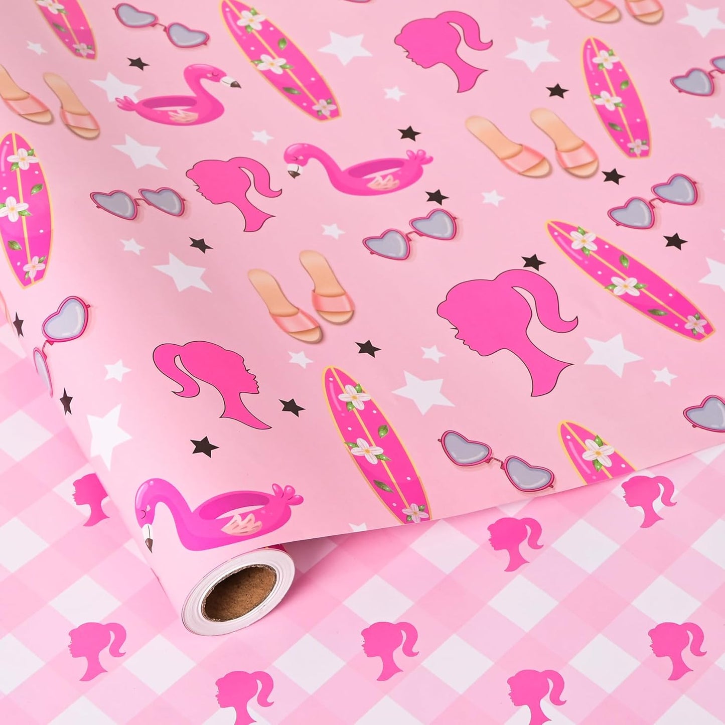 Vnaaem Reversible Girl Princess Wrapping Paper Roll for Girls Women - Pink Birthday Gift Wrap with stars, Plaid for Holiday Baby Shower Wedding Bridal Shower DIY Craft Party - 17 in x 20 ft(Total 28.5sq.ft)