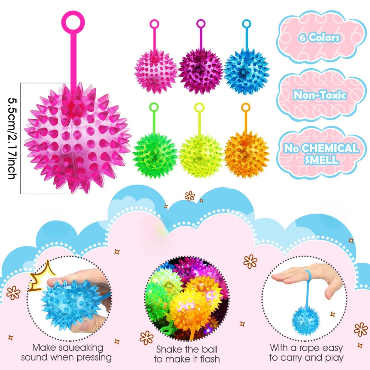 Sotiff 200 Pcs Light up Ball Spiky LED Bouncy Ball Flashing Squeaky Multicolor Puffer Toy Rubber Sensory Toy Carnival Prizes Bulk Party Favors for Teens, Adults, Children