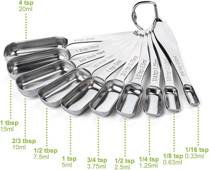 FANGSUN Stainless Steel Narrow Measuring Spoons, Heavy Duty Metal Measuring Spoons with Long Handle and Engraved Measurements Set of 10, For Dry or Liquid, Fits in Spice Jar
