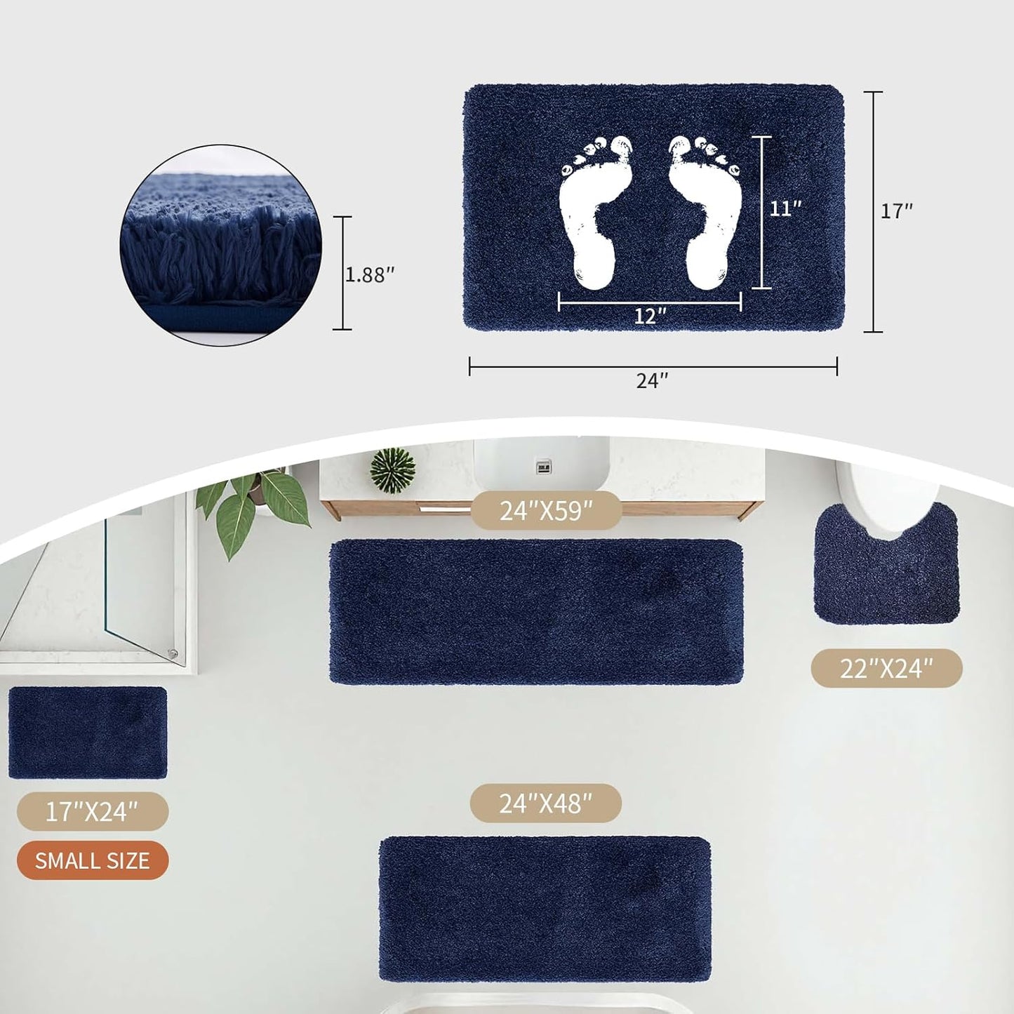 Small Bathroom Rugs 17x24 Non Slip Navy Fluffy Bath Mat for Bathroom Floor Machine Washable Plush Luxury Bath Rug for Tub Soft Shaggy Absorbent Shower Mat