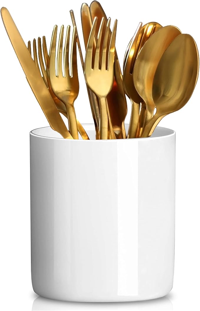White Ceramic Silverware Cutlery Holder,Utensil Holder Flatware Caddy Cutlery Storage Organizer for Kitchen and Countertop