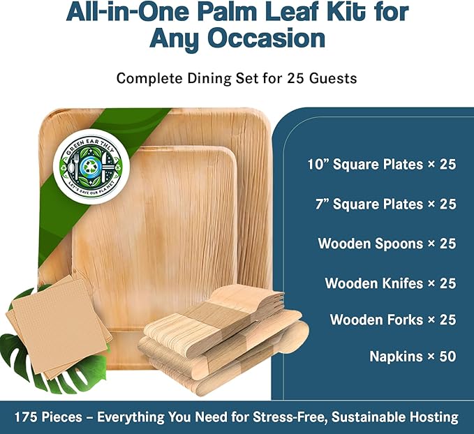 Palm Leaf Party Pack, Compostable, Biodegradable, Disposable, Sturdy, Eco-Friendly, Microwave Safe. 10'' & 7'' Square Plates, Wooden Cutlery & Napkins (For 25 People - 175 total items).