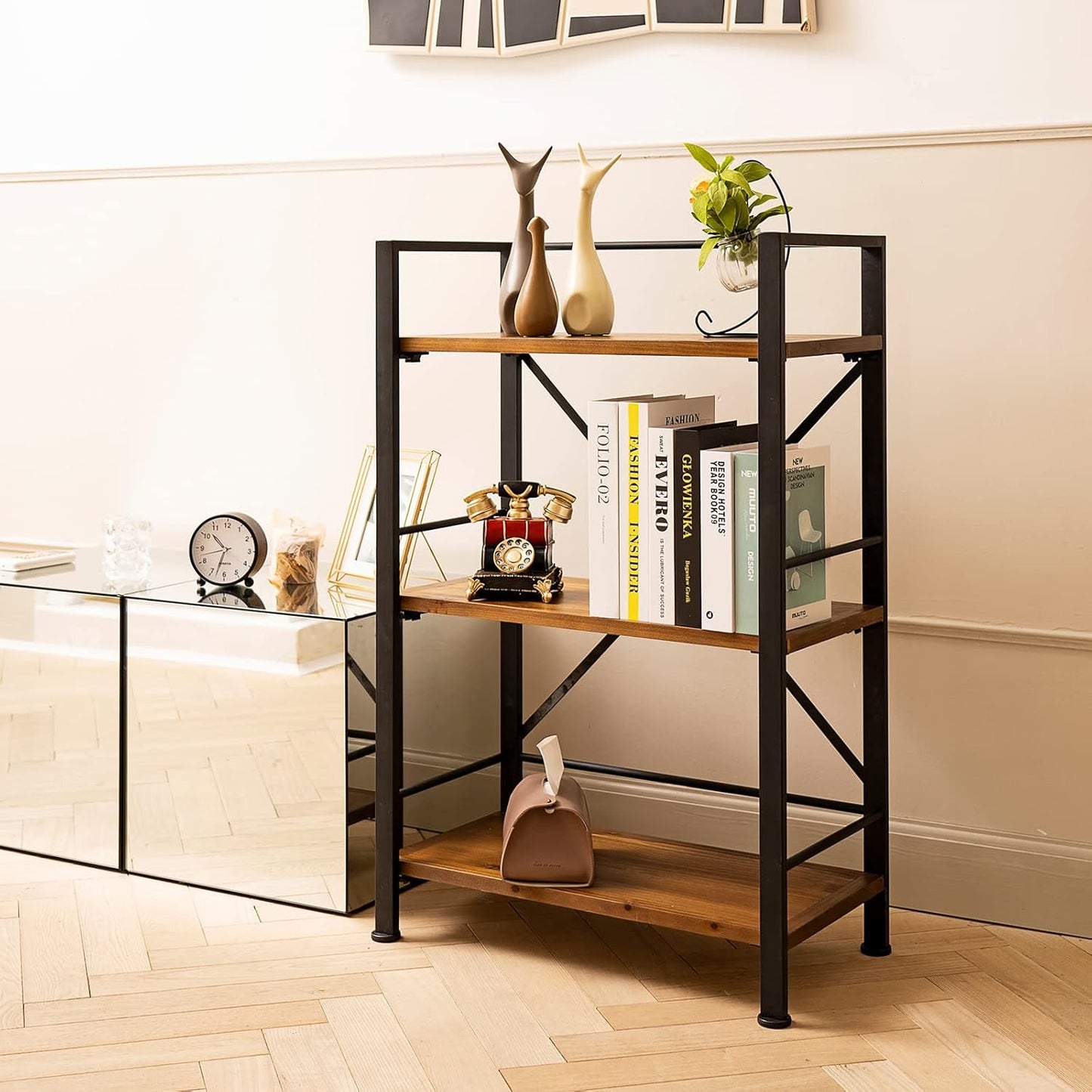 Crofy Rustic Bookshelf, 3 Tier Real Wood Bookshelf, Metal Book Shelf for Storage, Black Bookcase, 12.6" D x 23.62" W x 36.61" H