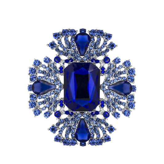 YOQUCOL Vintage Blue Austrian Crystal Rhinestone Cross Flowers Shaped Brooch Pin Elegant Jewelry For Women