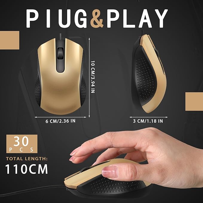 Bonuci 30 Pack USB Wired Mouse 3 Button Corded Computer Mice Bulk USB Mouse for PC Desktop, Laptop, Office, School, Classroom Use(Gold)