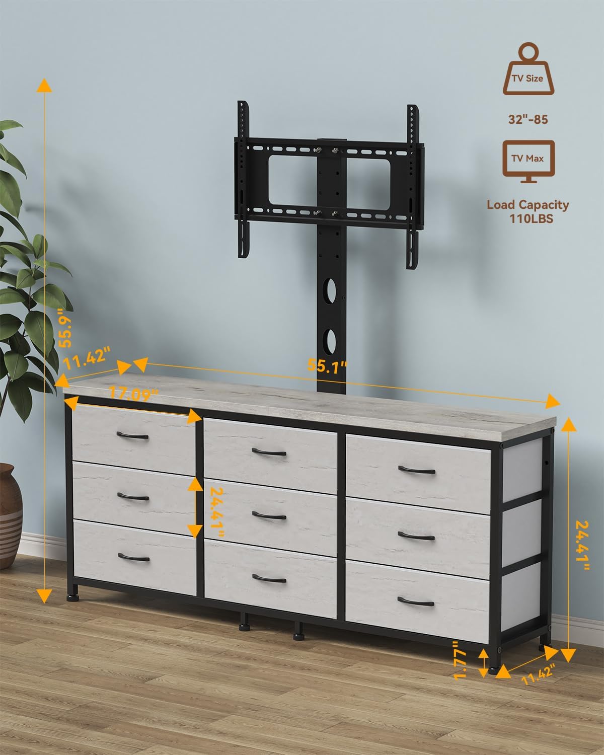 TV Stand with Mount for 32/55/65/75/85 inch TVs, Entertainment Center with 9 Fabric Drawers Dresser Storage, Height Adjustable Media Console