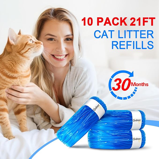 Cat Litter Refill Bags Compatible with Litter Genie XL+/Plus/Standard/Style/Desgin Pail, 30% Extra Thickness, 45% Extra Length,30 Months Use Time ,Super Odor Control,10 Pack ( Cartridge NOT Included)