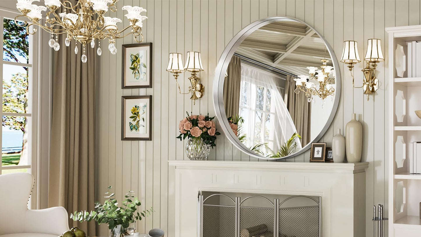 Suidia 30" x 30" Bathroom Mirror, Bathroom Vanity Mirror Metal Framed, Wall-Mounted Mirrors for Bedroom, Living Room, Entryway, Hallway, Silver, Round Style
