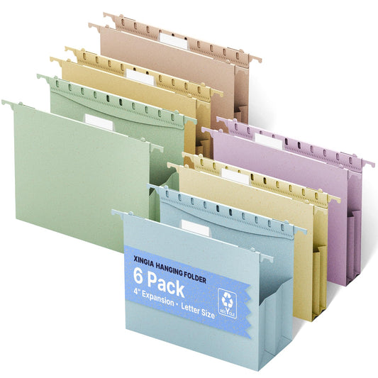 XINGIA Hanging File Folders Letter Size, Extra Capacity 4 Inch Expansion Filing Cabinet Folders with Tabs,Assorted Color,6 Pack Wheat Straw Reinforced Hanging File Organizer for Office School Home