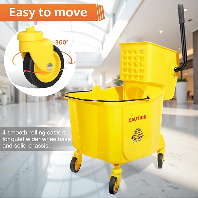 38 Qt Commercial Mop Bucket with Side Press Wringer on Wheels,Yellow Industrial Mops and Bucket Set for Floor Cleaning,Including 1 Industrial Mop and Wet Floor Caution Sign,Beyoco