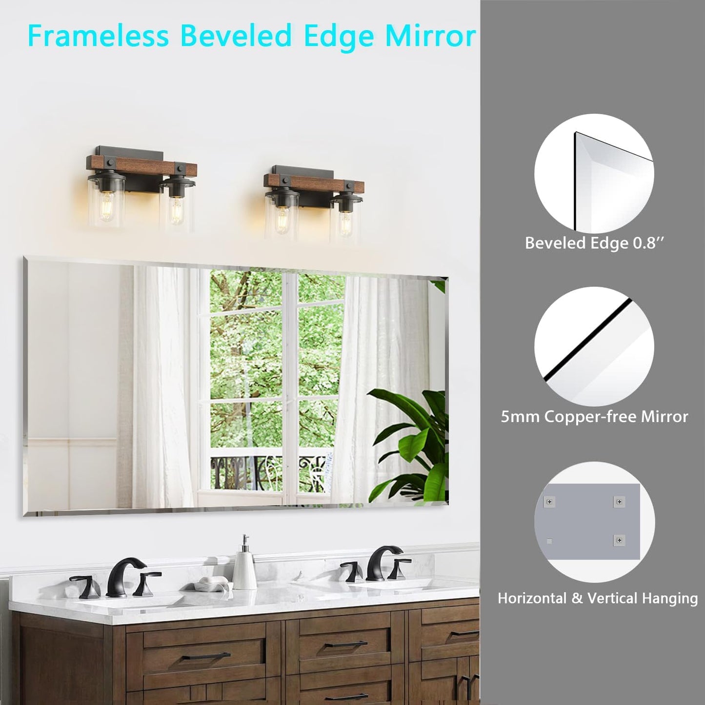Frameless Beveled Edge Bathroom Mirror 55x30 Inch Rectangle Wall Mirror Explosion Proof and Shatterproof Bathroom Vanity Mirror Wall Mounted Hang Firmly (Horizontal or Vertical)