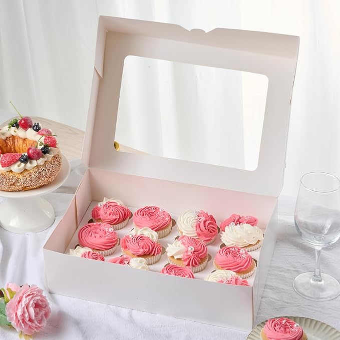 12 Count Cupcake Boxes, 8 Pack Auto-Popup White Cupcake Containers with Window and Inserts Cupcake Carrier with Holders to Fit Dozen Cupcakes and Muffins