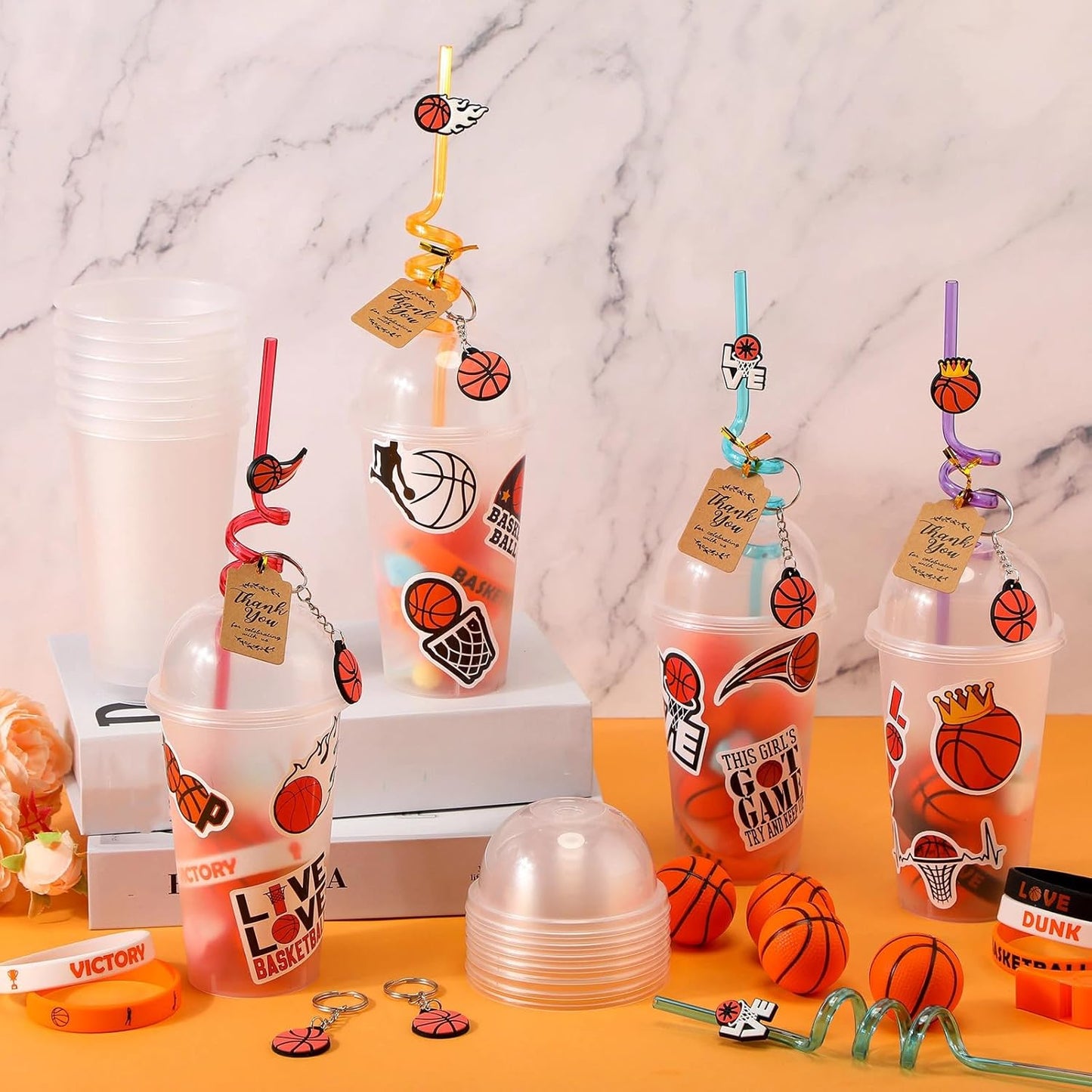 Weysat 184 Pcs Basketball Party Favors Party Supplies with Cup Straw Stress Ball Keychain Sticker Bracelet Whistle Thank You Tags for Birthday Decorations(Basketball)