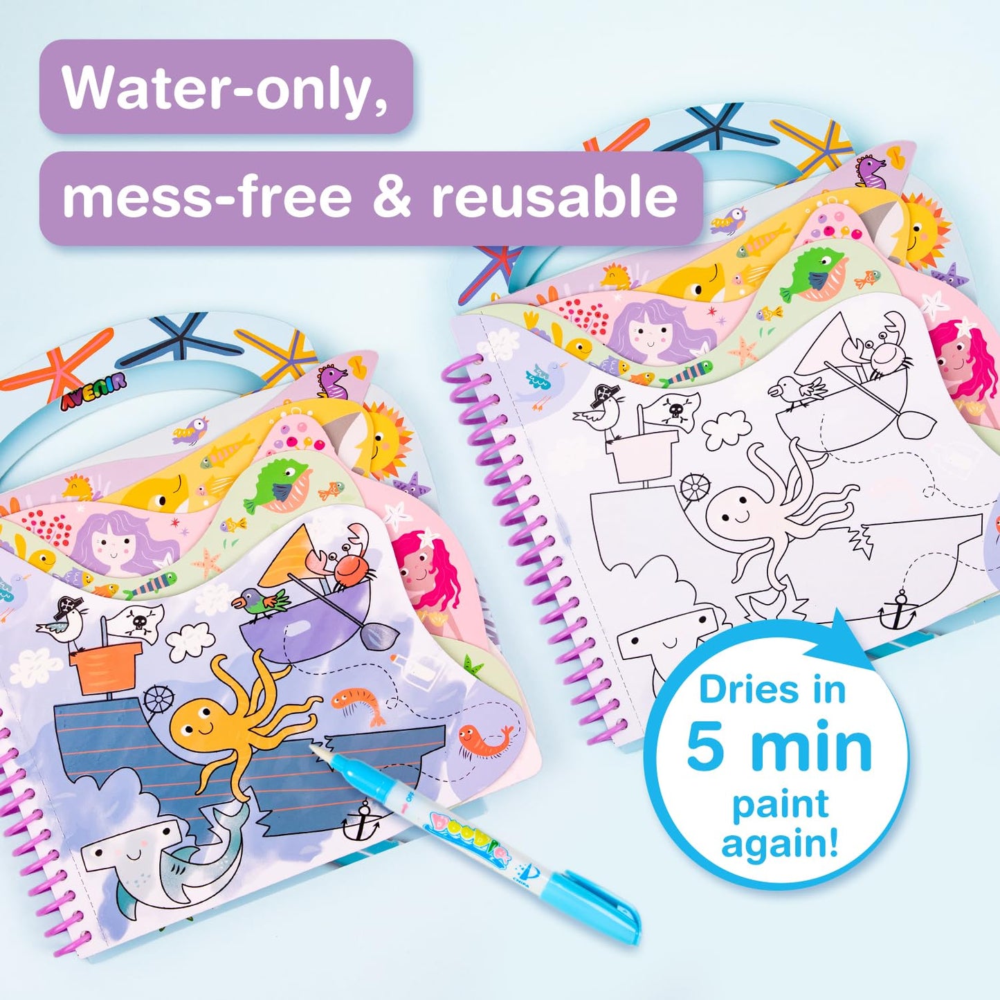 Avenir Reusable Water Coloring Book for Toddlers 3-5 – Mess-Free Paint-with-Water Travel Toy Airplane Activities Road Trip Quiet Book, Water-Reveal Activity Pad, 3-in-1 Creative Set