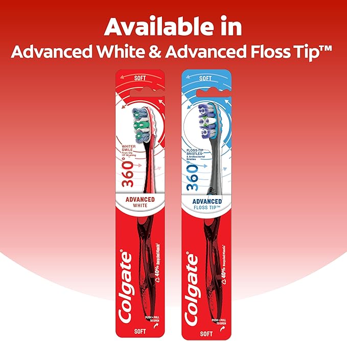Colgate 360 Advanced Whitening Soft Toothbrush Pack, 4 Adult Soft Toothbrushes with Cheek and Tongue Cleaner, Helps Clean Your Teeth, Tongue, Cheeks, and Gums, 4 Pack