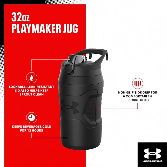 Under Armour 32 oz Insulated Water Bottles - Sports Water Jug with Fence Hook, Leak Resistant for Baseball, Football & More, 32 oz Insulated, Academy/Black
