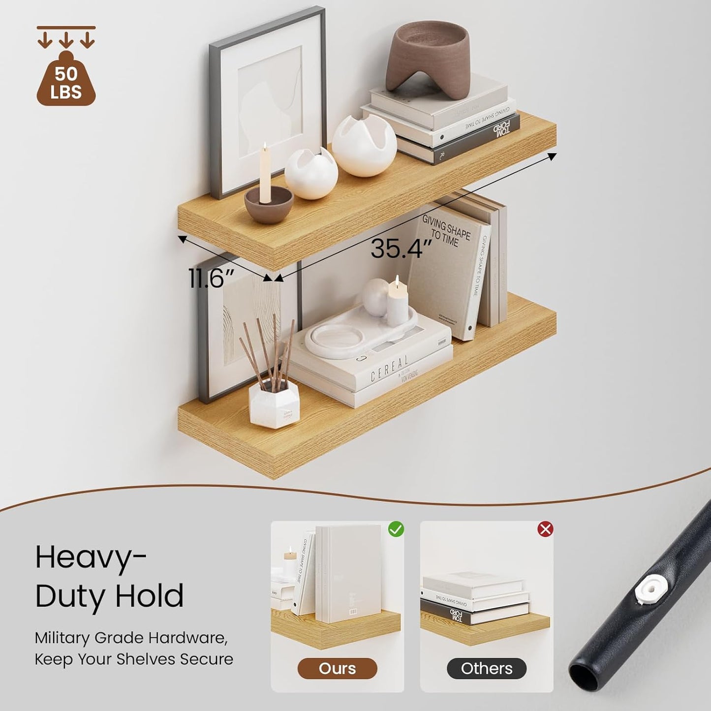 Heimlove 36 Inch Wall Shelf Bathroom Shelves Set of 2, 12" Deep Floating Shelves for Wall, Wall Mounted Shelves for Books Living Room Laundry Room Bedroom Kitchen Home Office, Oak