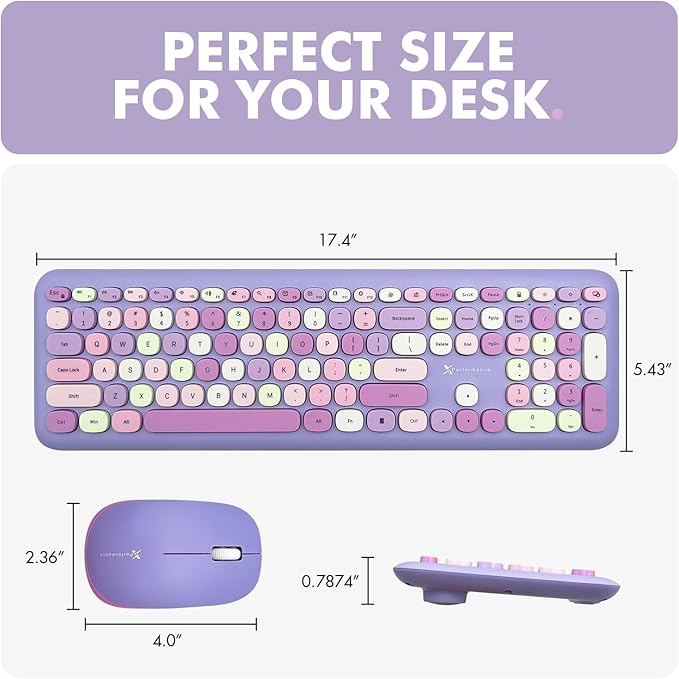 X9 Purple Wireless Keyboard and Mouse Combo - 2.4G Full Size Colorful Keyboard and Mouse Wireless - Cute and Aesthetic Retro Typewriter Combo for PC Computer Desktop and Laptop.