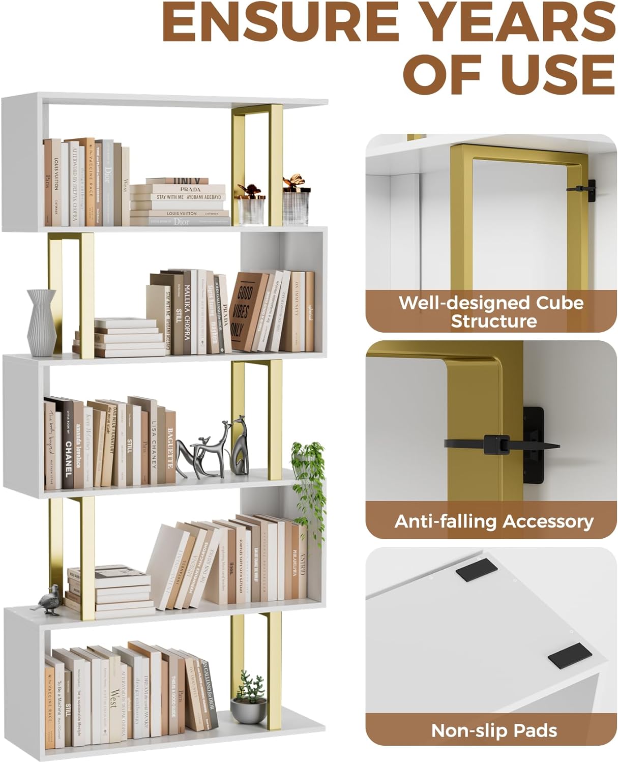 Gadroad 5 Tier Geometric Bookcase,S Shaped Bookshelf, Wood Decorative Storage Shelving, Modern Freestanding Display Shelves, Tall Book Shelf Unit for Living Room Bedroom, Gold